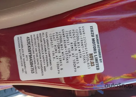 2004 Isuzu Rodeo S 3.5L V6 z USA, uszkodzony, nr VIN 4S2CK58Y944304753